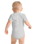 Baby short sleeve bodysuit in ash heather with "WHATEVR." text, back view.