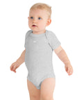 Baby short sleeve bodysuit in ash heather with "WR" mark, front view.