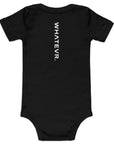 Baby short sleeve bodysuit in black with "WHATEVR." text, back view.