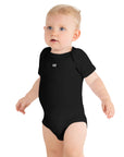 Baby short sleeve bodysuit in black with "WR" mark, front view.