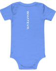 Baby short sleeve bodysuit in blue with "WHATEVR." text, back view.
