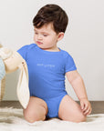 Baby short sleeve bodysuit in blue with "Nap Later" text, front view.