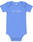 Baby short sleeve bodysuit in blue with "Play Hard Stay Comfy" text, front view.