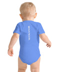 Baby short sleeve bodysuit in blue with "WHATEVR." text, back view.