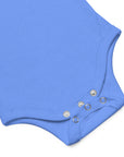 Baby short sleeve bodysuit in blue, front view.