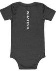 Baby short sleeve bodysuit in gray heather with "WHATEVR." text, back view.