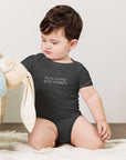 Baby short sleeve bodysuit in gray heather with "Play Hard Stay Comfy" text, front view.