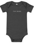 Baby short sleeve bodysuit in grey heather with "Tiny Boss" text, front view.