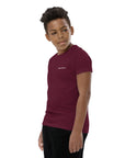 Boys' essential lightweight t-shirt in burgundy, front view.
