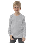 Boys' essential long sleeve t-shirt in ash heather, front view.