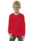 Boys' essential long sleeve t-shirt in red, front view.