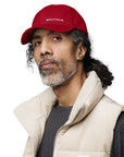 Unisex Classic baseball cap in red with embroidered WHATEVR logo, front view