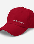 Unisex Classic baseball cap in red with embroidered WHATEVR logo, front view
