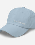 Unisex Classic baseball cap in light blue with embroidered WHATEVR logo, front view
