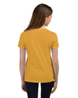 Girls essential lightweight t-shirt in mustard, back view.