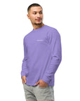 Men's heavyweight long sleeve t-shirt in purple, front view