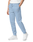Men's essential relaxed sweatpants in blue with embroidered detailing, front view.