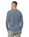 Men's premium heavyweight long sleeve t-shirt in blue, back view