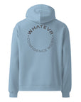 Men's premium heavyweight hoodie in blue with "Confidence Worn" text, back view.