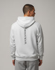 Men's premium heavyweight hoodie in ash heather with "WHATEVR" text, back view.
