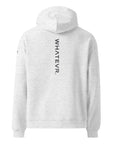 Men's premium heavyweight hoodie in ash heather with "WHATEVR" text, back view.