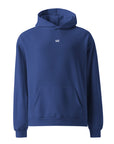 Men's premium heavyweight hoodie in blue with "WR" logo, front view.