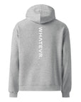 Men's premium heavyweight hoodie in heather grey with "WHATEVR" text, back view.