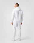 Men's premium heavyweight hoodie in white with "WHATEVR" text, back view.