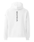 Men's premium heavyweight hoodie in white with "WHATEVR" text, back view.