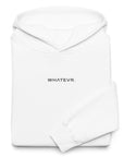 Men's premium heavyweight hoodie in white with "WHATEVR" text, front view.