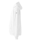 Men's premium heavyweight hoodie in white with "WR" logo, side view.