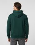 Men's premium heavyweight hoodie in green, back view.