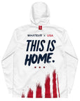 White hoodie with 'This is Home' text and American flag design on a white background