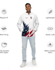 Man wearing a white jacket with American flag design, surrounded by feature icons on a white background