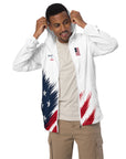 Man wearing a white jacket with American flag design on a white background