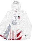 White jacket with American flag design on a white background