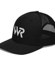 Unisex Signature trucker hat in black with embroidered WR logo, side view