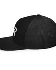 Unisex Signature trucker hat in black with embroidered WR logo, side view