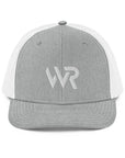 Unisex Signature trucker hat in white and gray with embroidered WR logo, front view