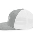 Unisex Signature trucker hat in white and gray with embroidered WR logo, side view