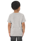 Toddler's essential t-shirt in ash heather, back view.