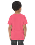 Toddler's essential t-shirt in pink, back view.