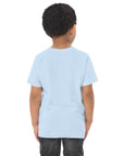 Toddler's essential t-shirt in icy blue, back view.