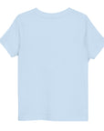 Toddler's essential t-shirt in icy blue, back view.