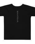 Toddler t-shirt in black with "WHATEVR" text, back view.