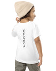 Toddler t-shirt in white with "WHATEVR" text, back view.