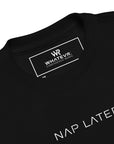 Toddler t-shirt in black with "Nap Later" text, front view.