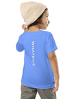 Toddler t-shirt in blue with "WHATEVR" text, back view.