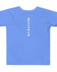 Toddler t-shirt in blue with "WHATEVR" text, back view.