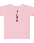 Toddler t-shirt in pink with "WHATEVR" text, back view.